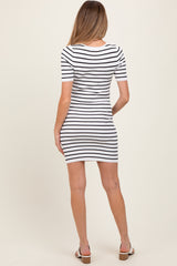 White Striped Ribbed Knit Short Sleeve Maternity Mini Dress