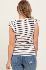 Ivory/Black Stripe Ribbed Ruffle Sleeve V-Neck Top