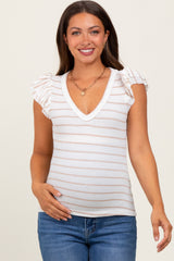 Ivory/Mocha Stripe Ribbed Ruffle Sleeve V-Neck Maternity Top