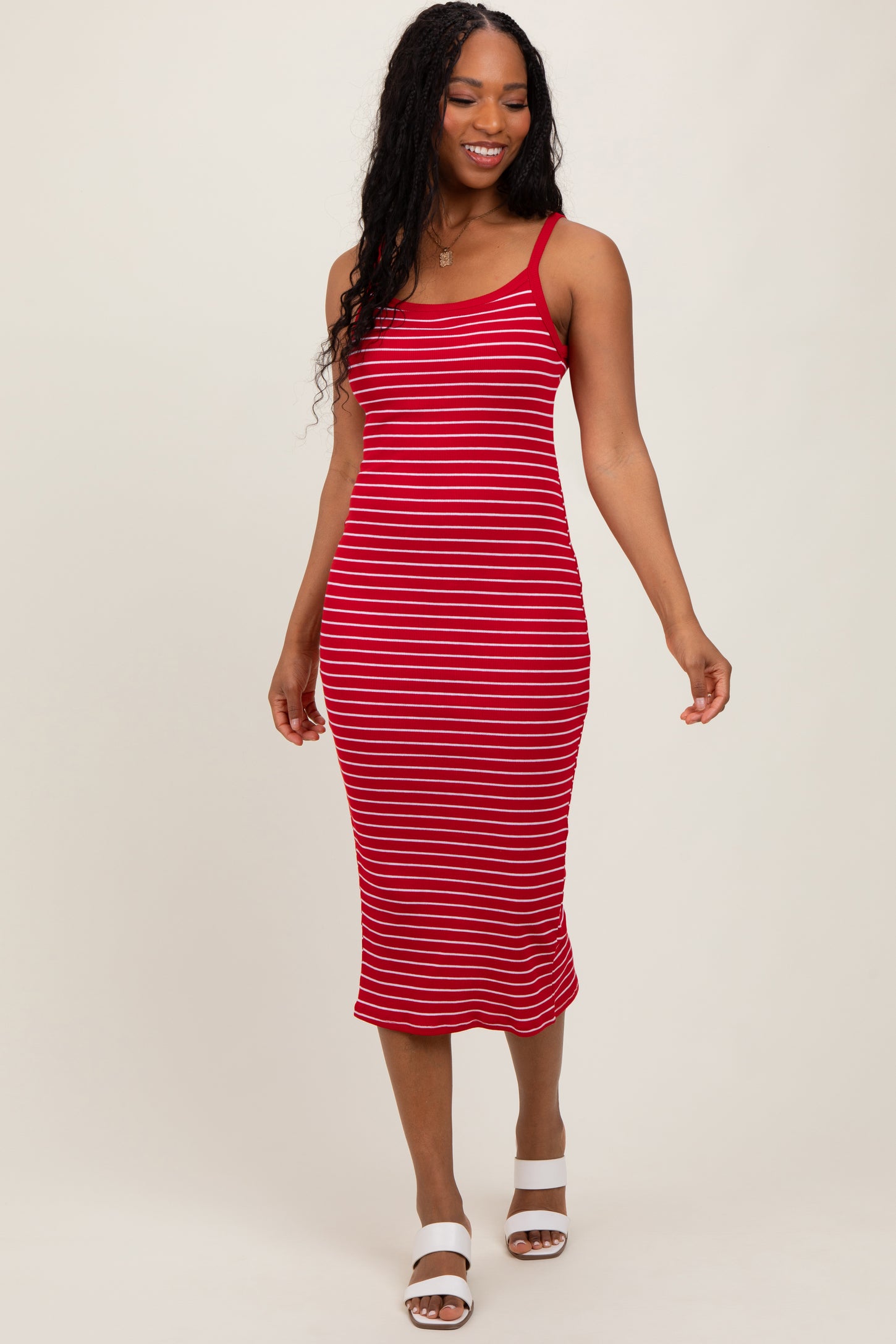 Red Striped Thin Strap Fitted Maternity Midi Dress
