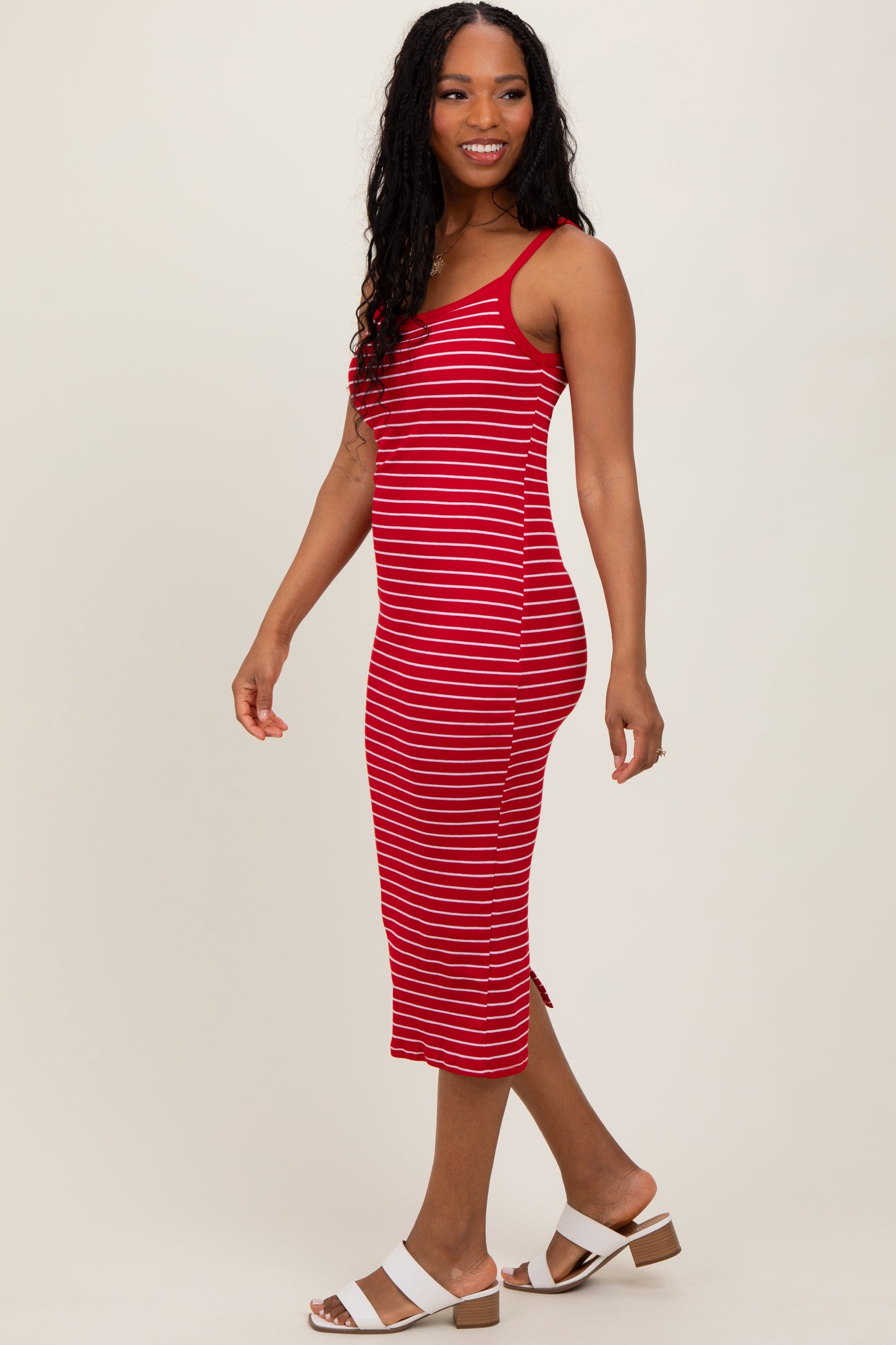 Red Striped Thin Strap Fitted Midi Dress