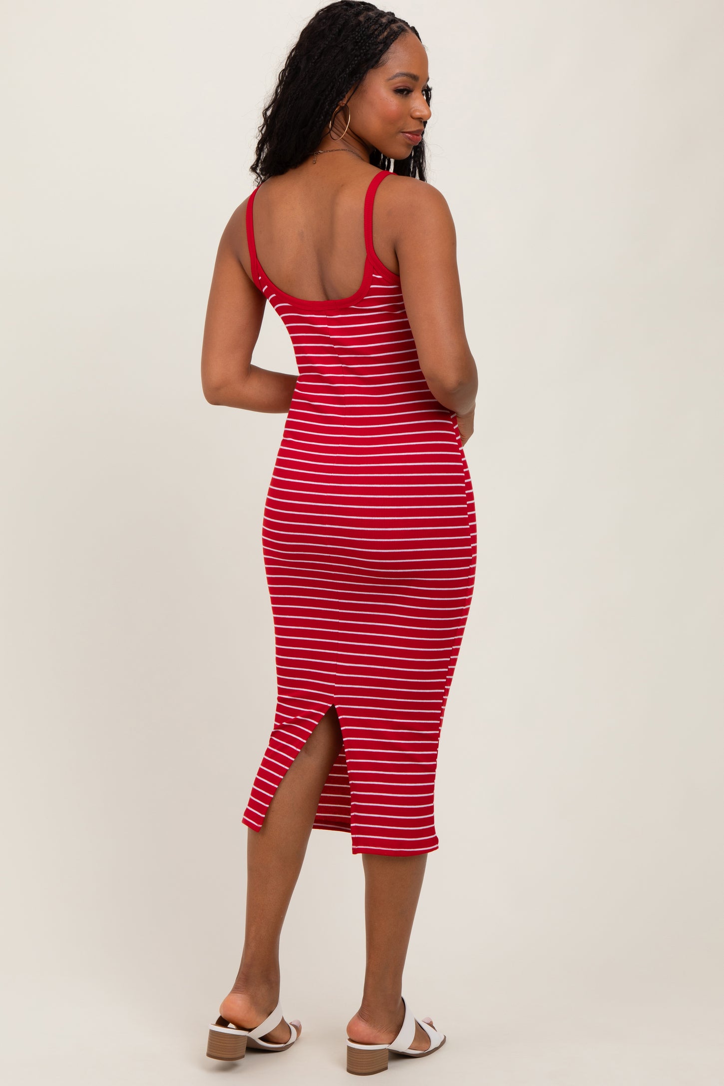 Red Striped Thin Strap Fitted Midi Dress