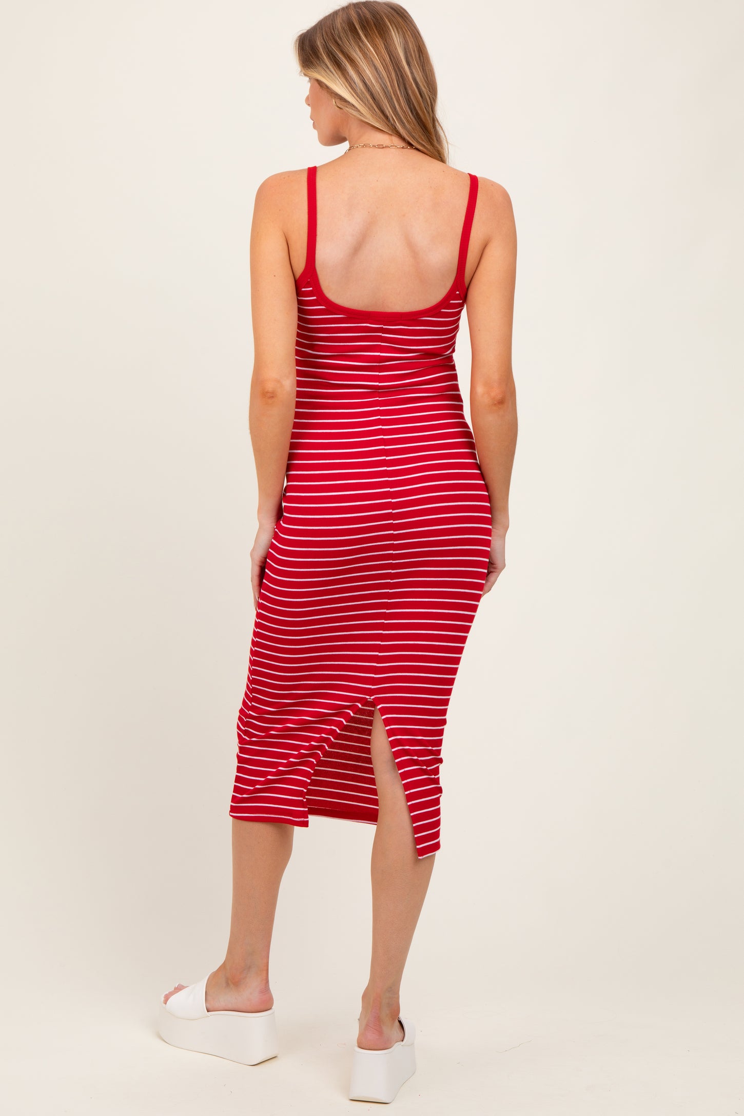 Red Striped Thin Strap Fitted Maternity Midi Dress