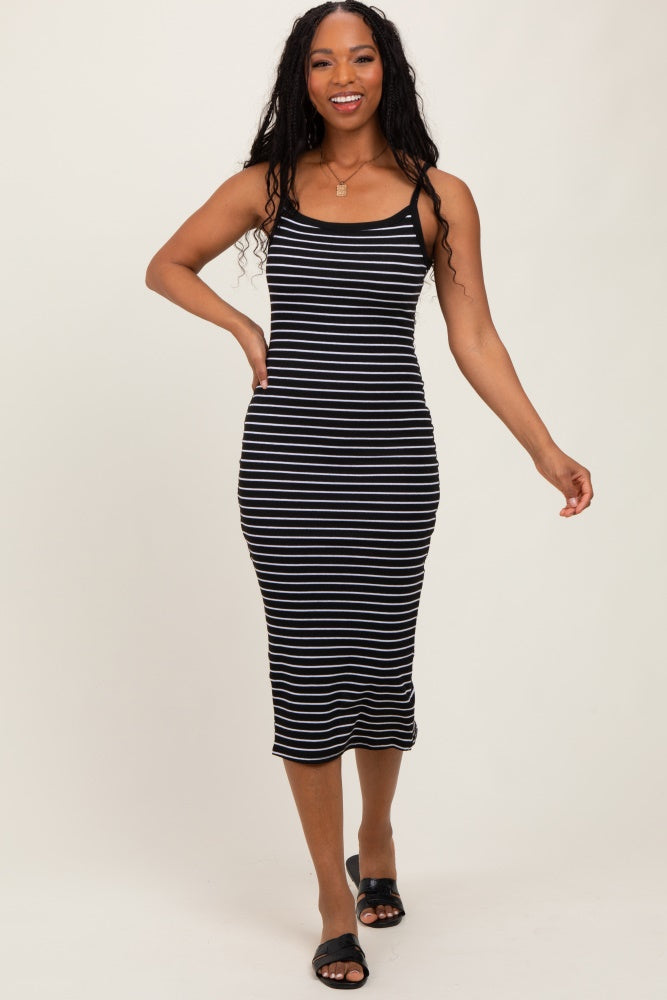 Black Striped Thin Strap Fitted Maternity Midi Dress