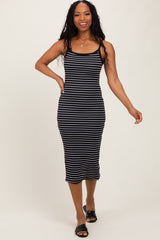 Black Striped Thin Strap Fitted Midi Dress