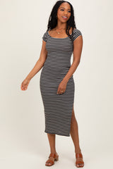 Black Striped Off Shoulder Side Slit Maternity Midi Dress
