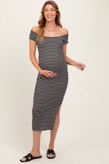 Black Striped Off Shoulder Side Slit Maternity Midi Dress