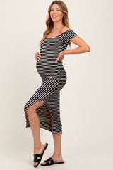 Black Striped Off Shoulder Side Slit Maternity Midi Dress