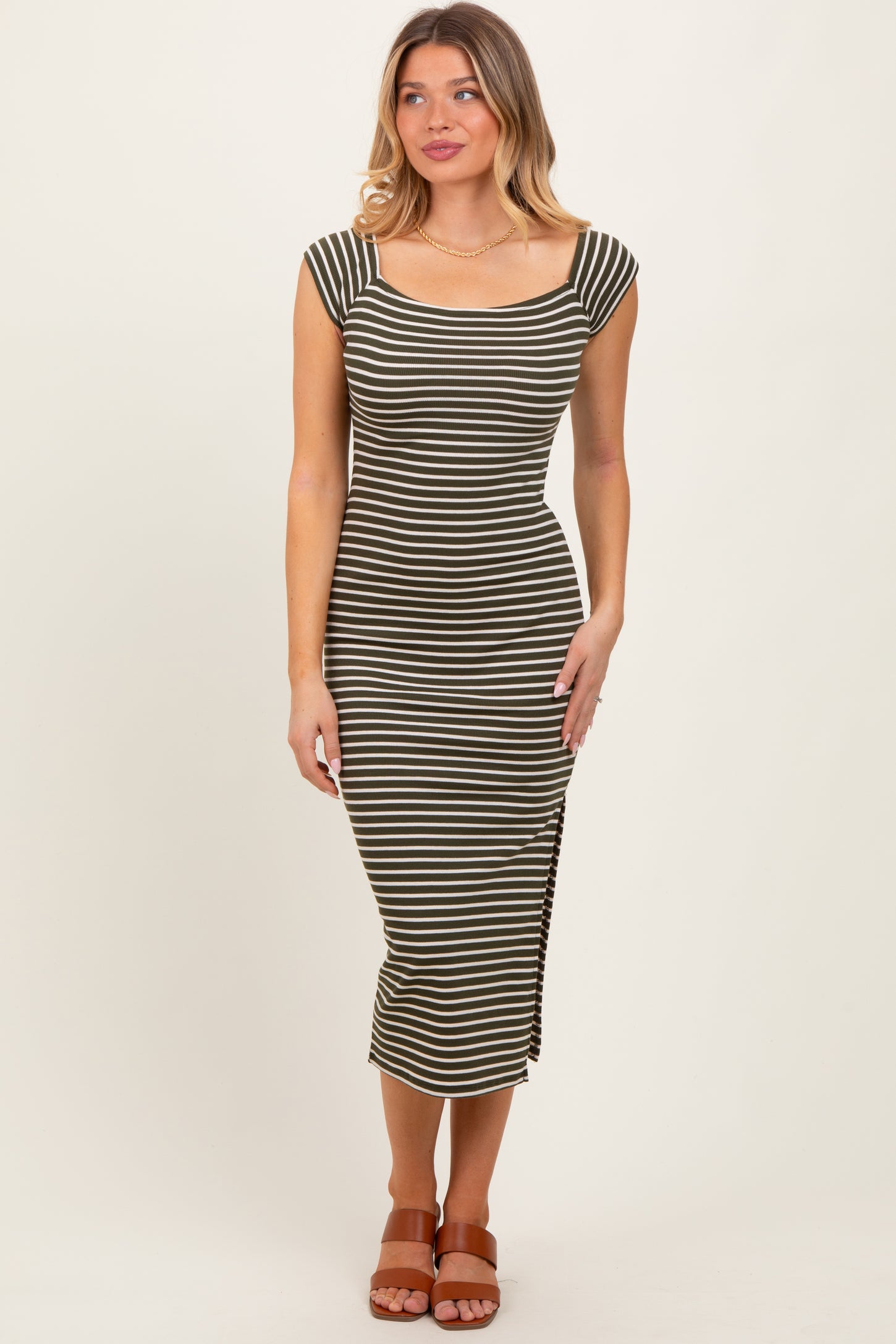 Olive Striped Off Shoulder Side Slit Maternity Midi Dress