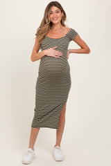 Olive Striped Off Shoulder Side Slit Maternity Midi Dress