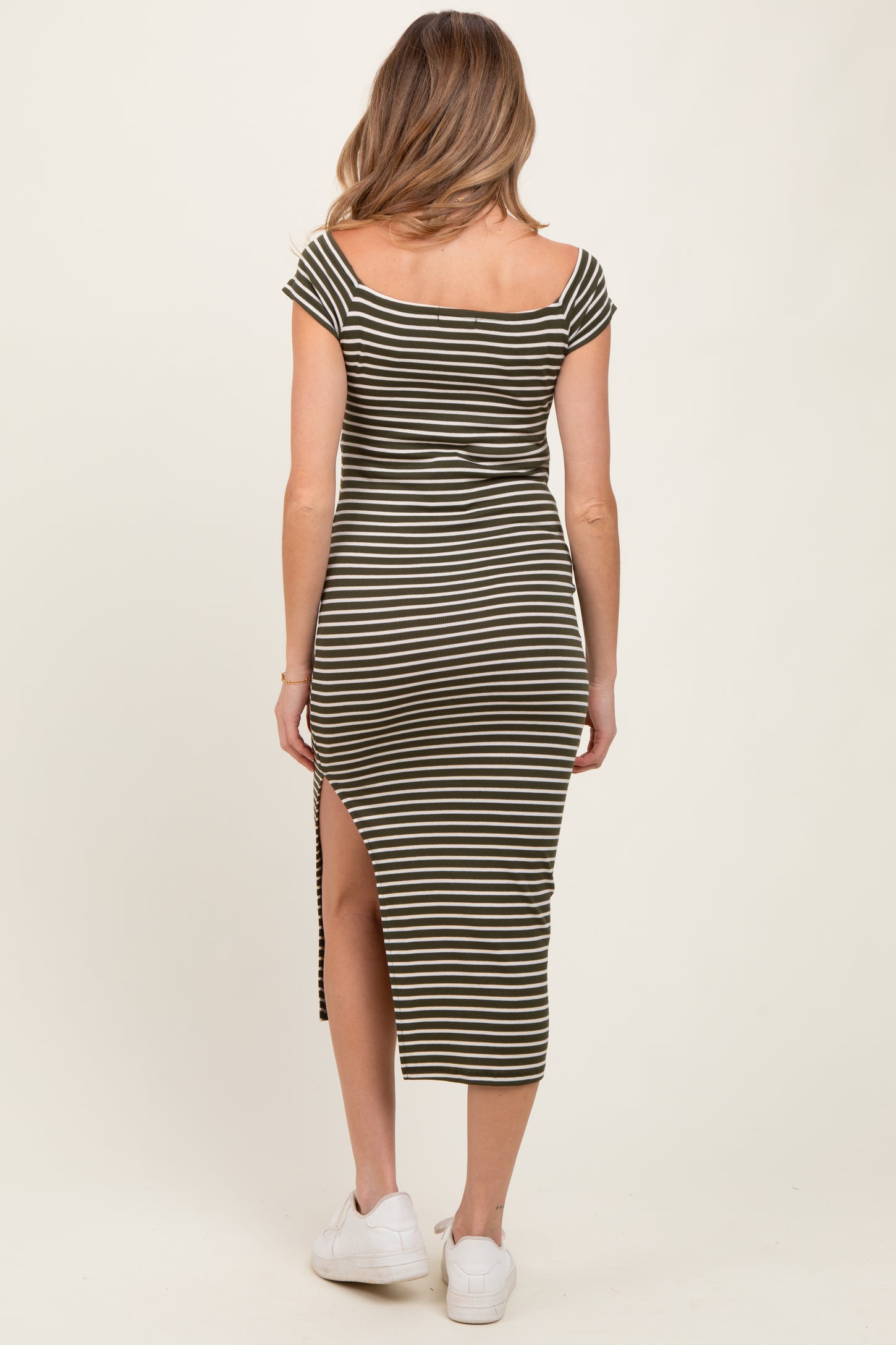 Olive Striped Off Shoulder Side Slit Maternity Midi Dress