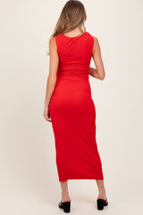 Red Textured Shoulder Detail Maternity Midi Dress