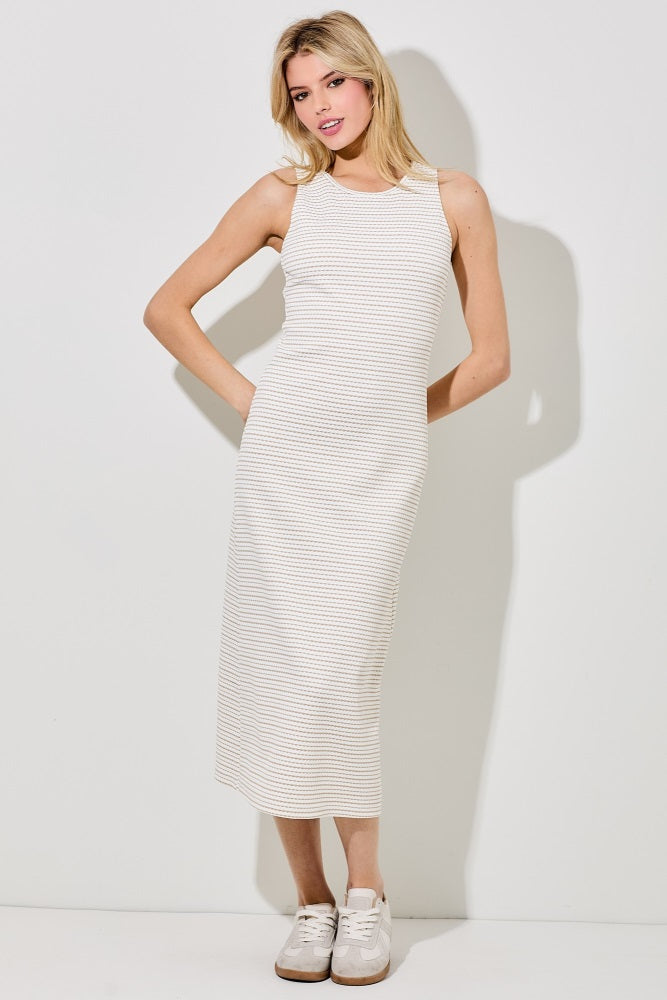 Light Taupe Striped Dot Midi Dress