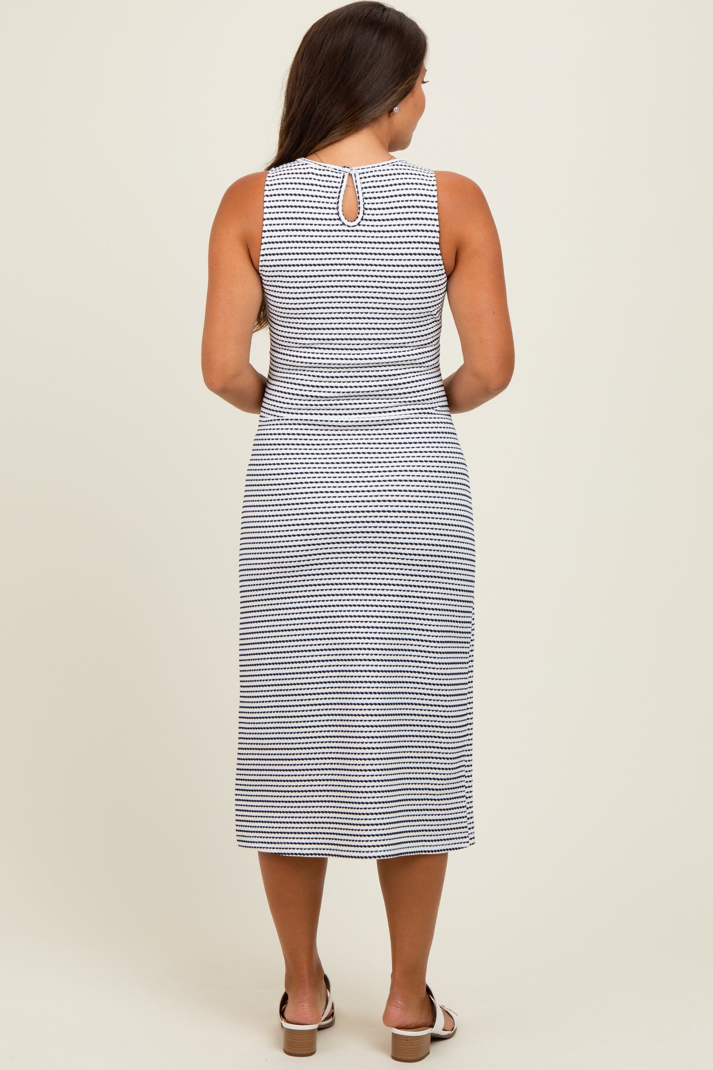 Navy Striped Dot Maternity Midi Dress