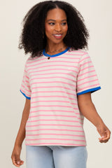 Pink Striped Contrast Trim Short Sleeve Tee