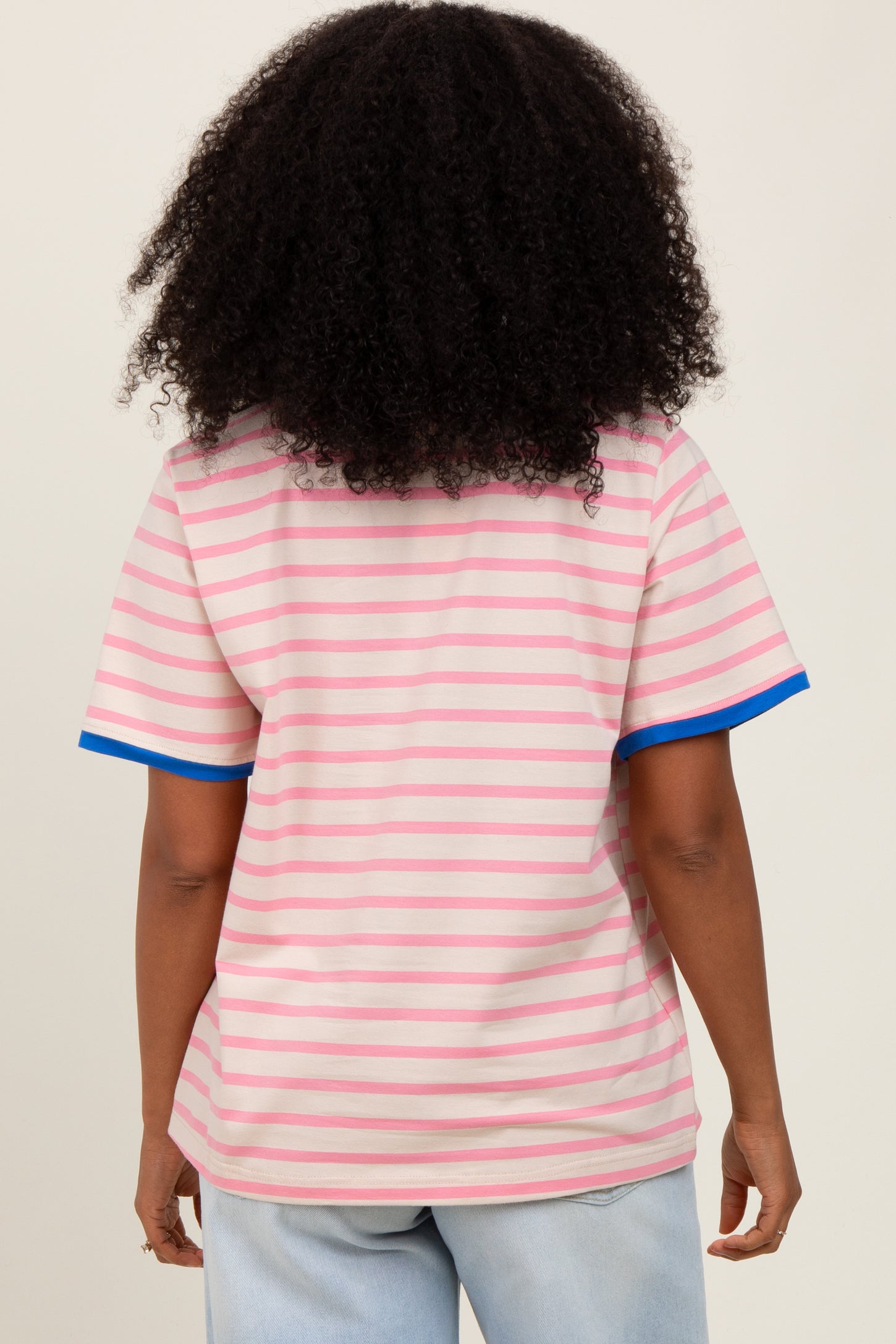 Pink Striped Contrast Trim Short Sleeve Tee