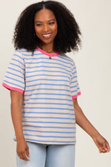 Blue Striped Contrast Trim Short Sleeve Tee