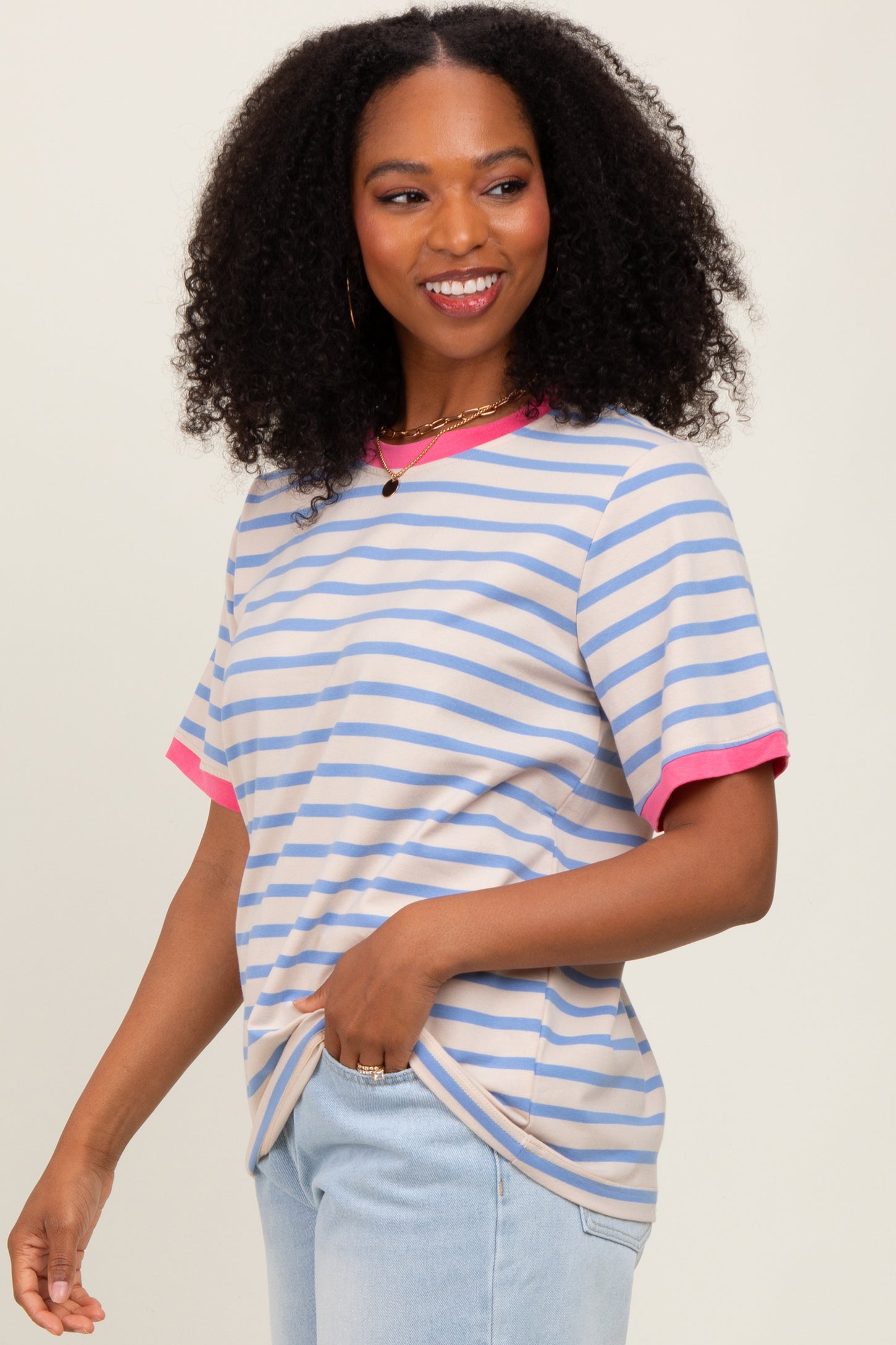 Blue Striped Contrast Trim Short Sleeve Tee