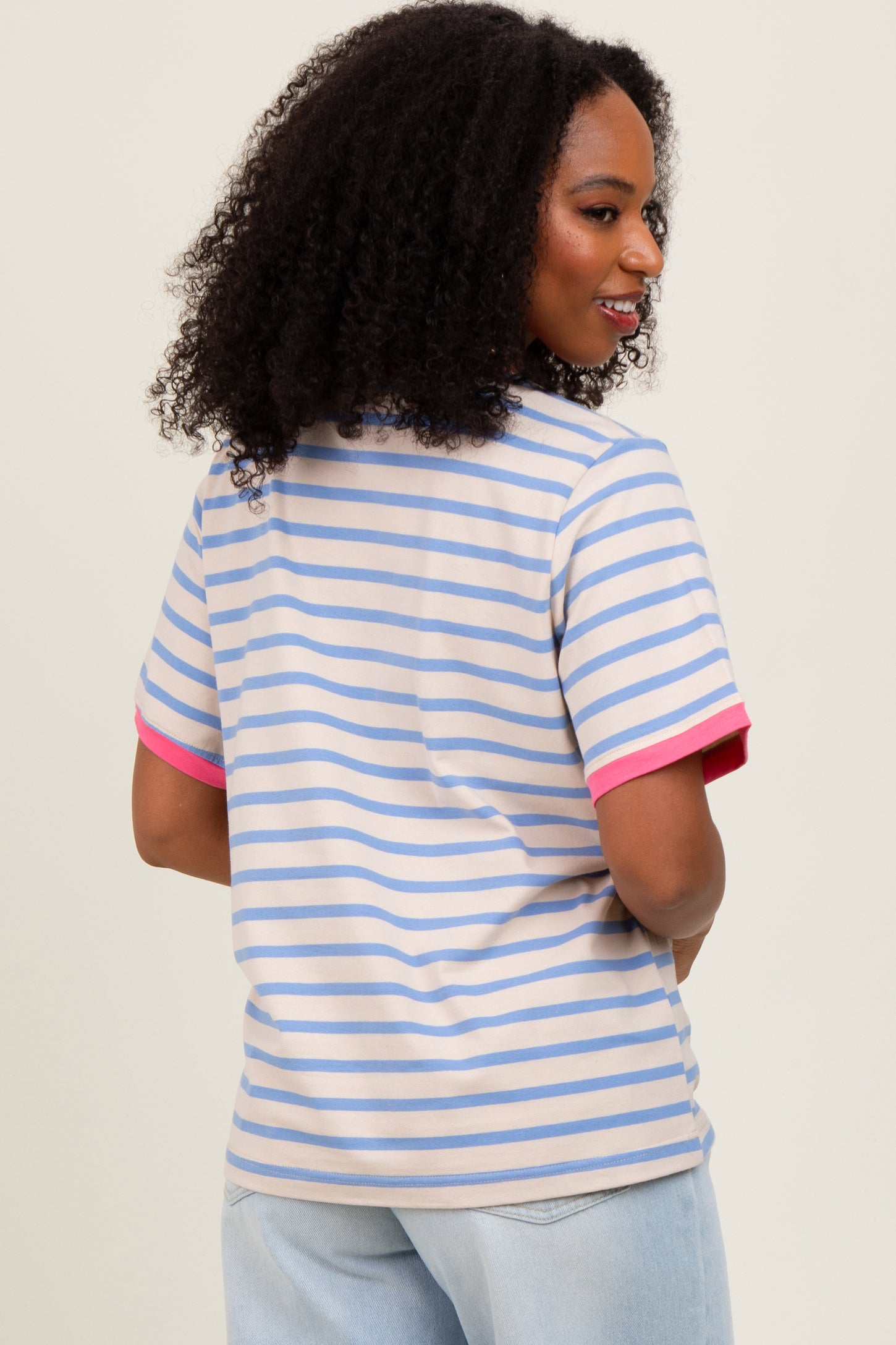 Blue Striped Contrast Trim Short Sleeve Tee