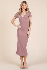 Mauve Short Sleeve Side Button Ribbed Maternity Midi Dress