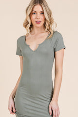 Olive Short Sleeve Side Button Ribbed Midi Dress