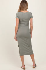 Olive Short Sleeve Side Button Ribbed Maternity Midi Dress