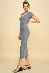 Charcoal Short Sleeve Side Button Ribbed Midi Dress