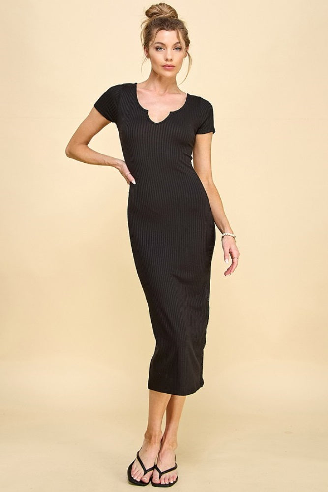 Black Short Sleeve Side Button Ribbed Midi Dress