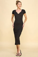 Black Short Sleeve Side Button Ribbed Midi Dress