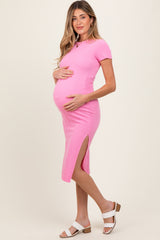 Pink Crew Neck Bubble Knit Ribbed Maternity Midi Dress