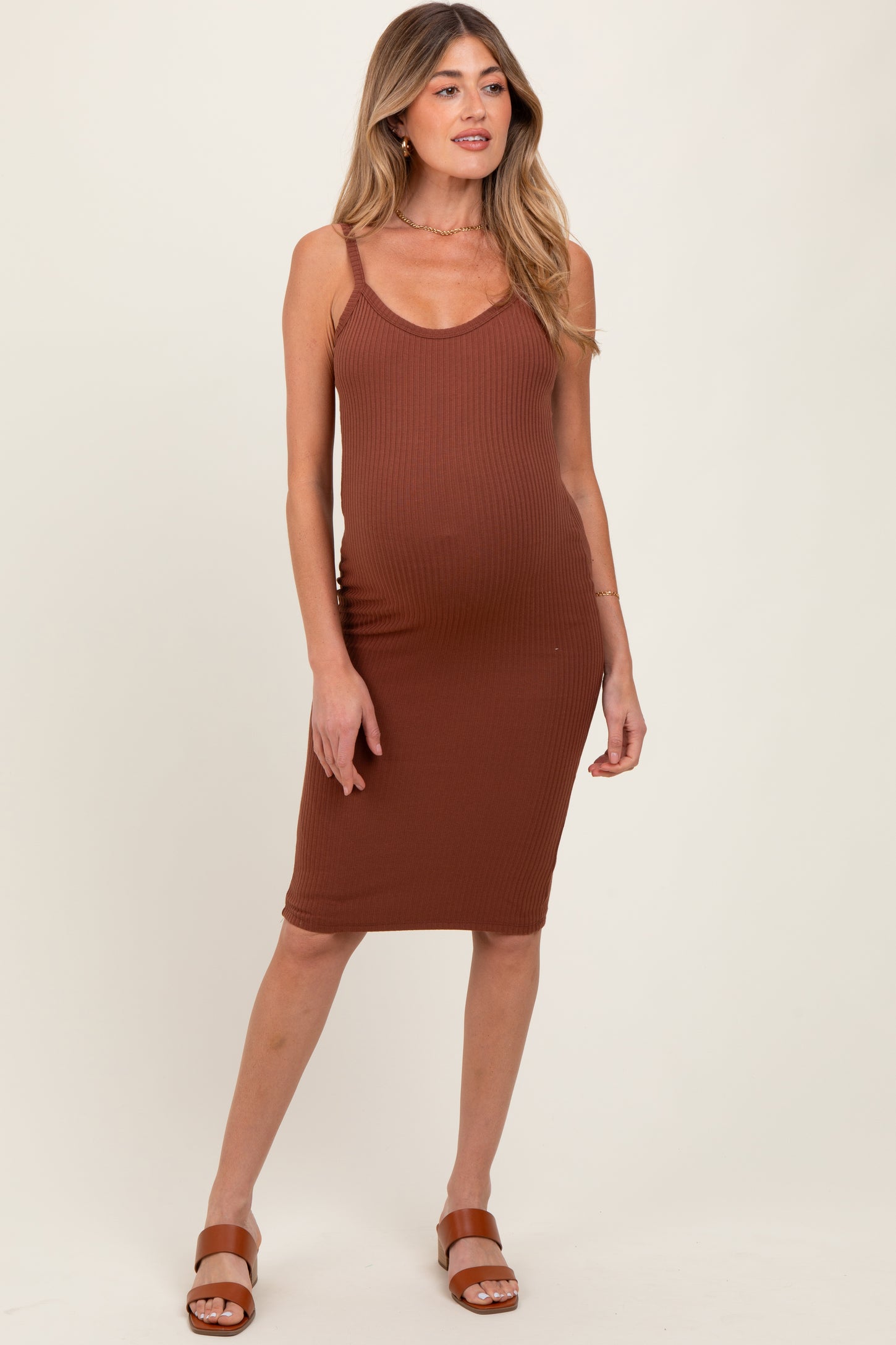 Brown Double Layer Heavy Ribbed Sleeveless Maternity Dress