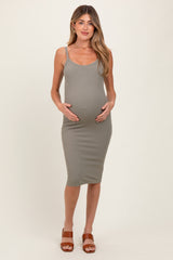 Light Olive Double Layer Heavy Ribbed Sleeveless Maternity Dress