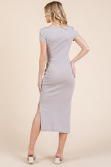 Taupe V Neck Mineral Wash Side Slit Midi Dress
