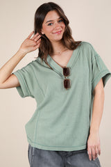 Light Olive Ribbed Raw Hem Short Sleeve Top