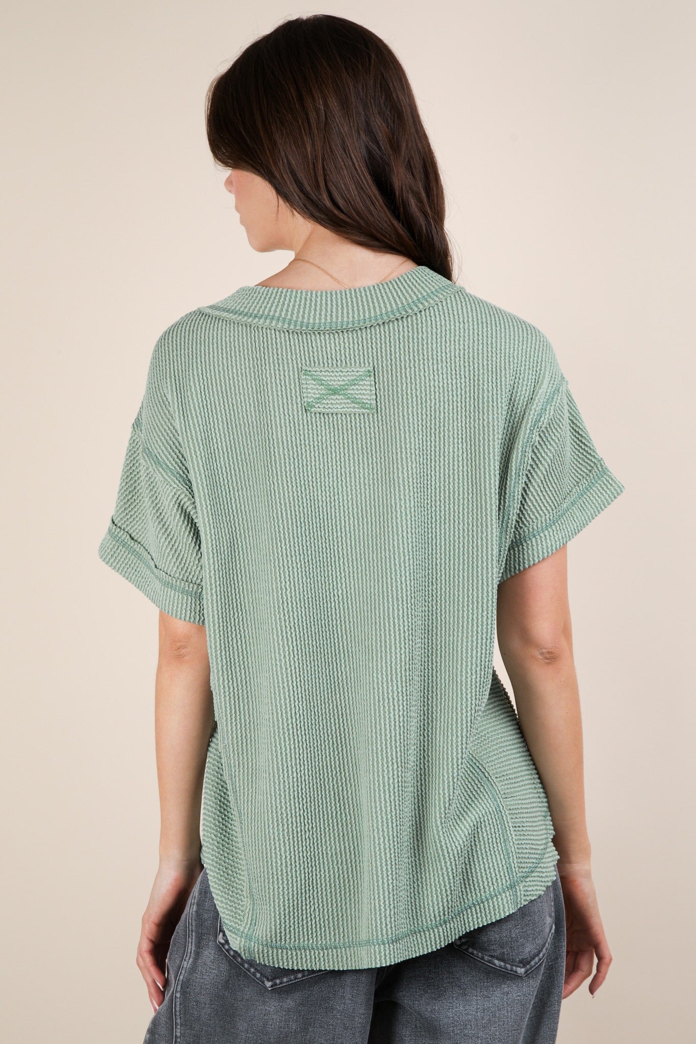 Light Olive Ribbed Raw Hem Short Sleeve Top