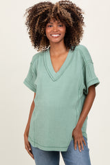 Light Olive Ribbed Raw Hem Maternity Short Sleeve Top