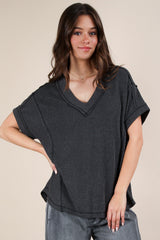 Charcoal Ribbed Raw Hem Short Sleeve Top