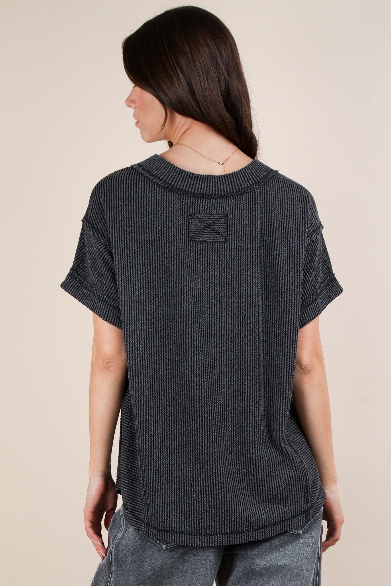 Charcoal Ribbed Raw Hem Short Sleeve Top
