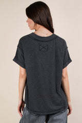 Charcoal Ribbed Raw Hem Short Sleeve Top