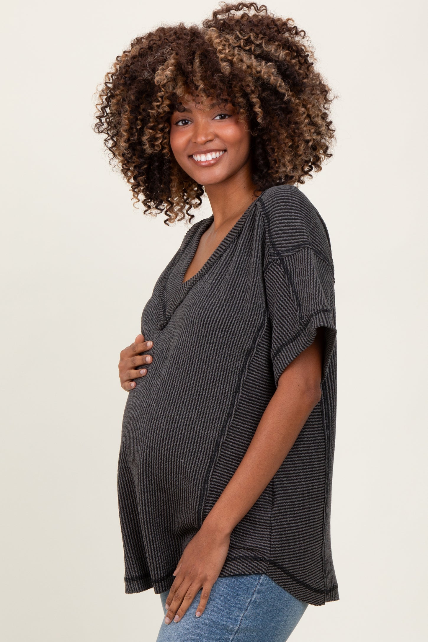 Charcoal Ribbed Raw Hem Maternity Short Sleeve Top