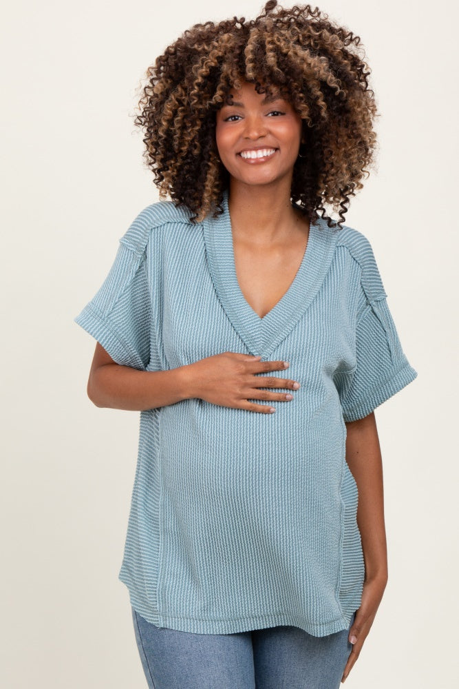 Blue Ribbed Raw Hem Maternity Short Sleeve Top