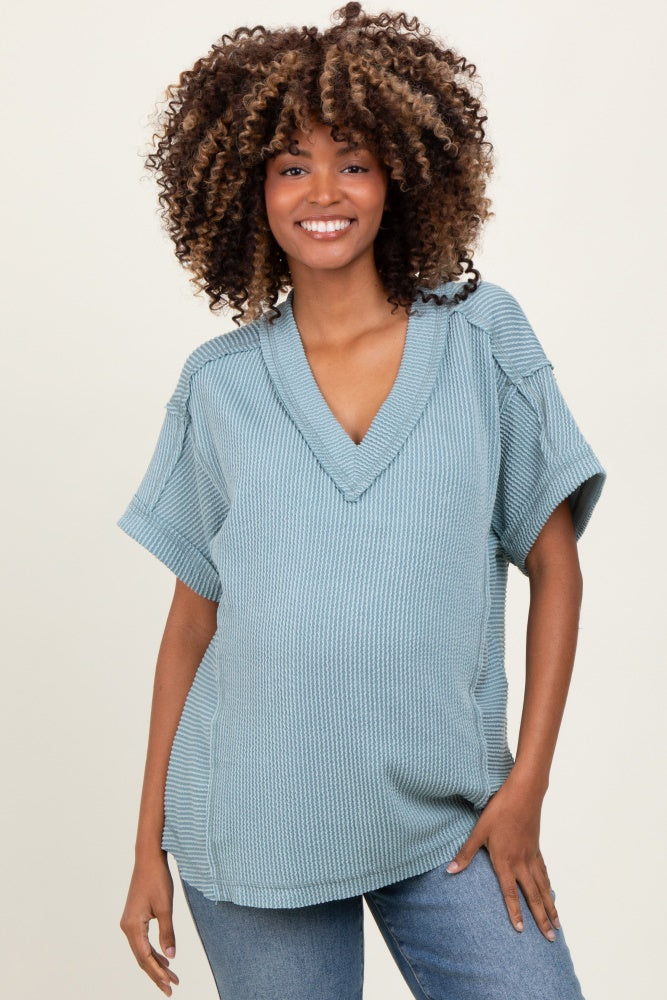 Blue Ribbed Raw Hem Maternity Short Sleeve Top