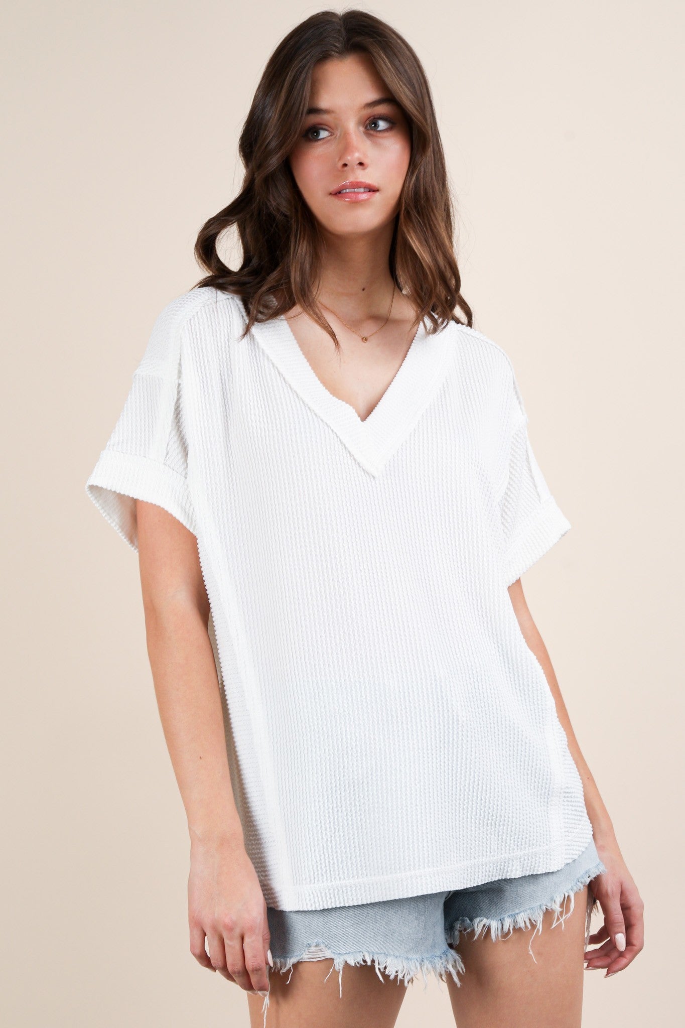 White Ribbed Raw Hem Short Sleeve Top