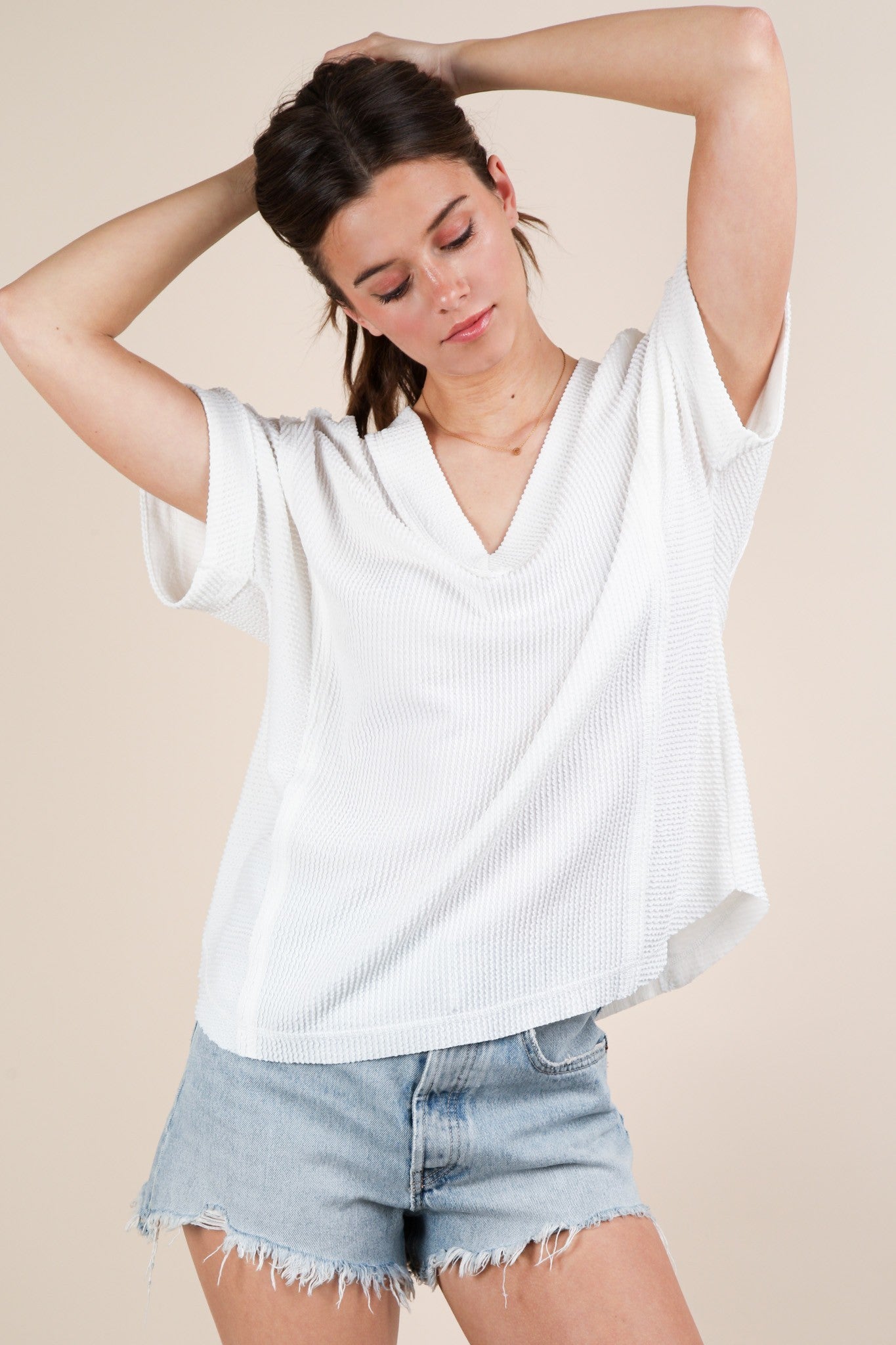 White Ribbed Raw Hem Short Sleeve Top