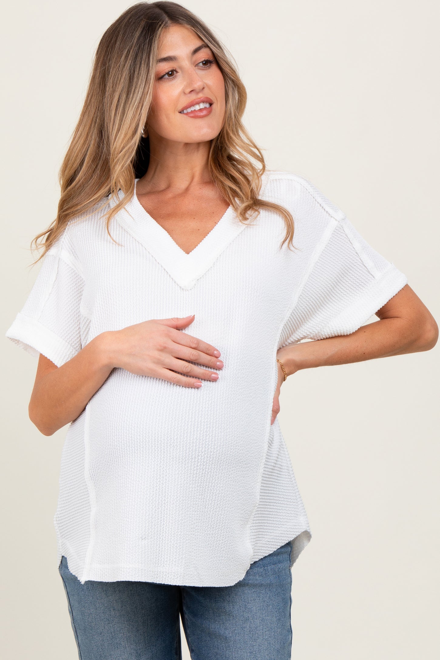 White Ribbed Raw Hem Maternity Short Sleeve Top