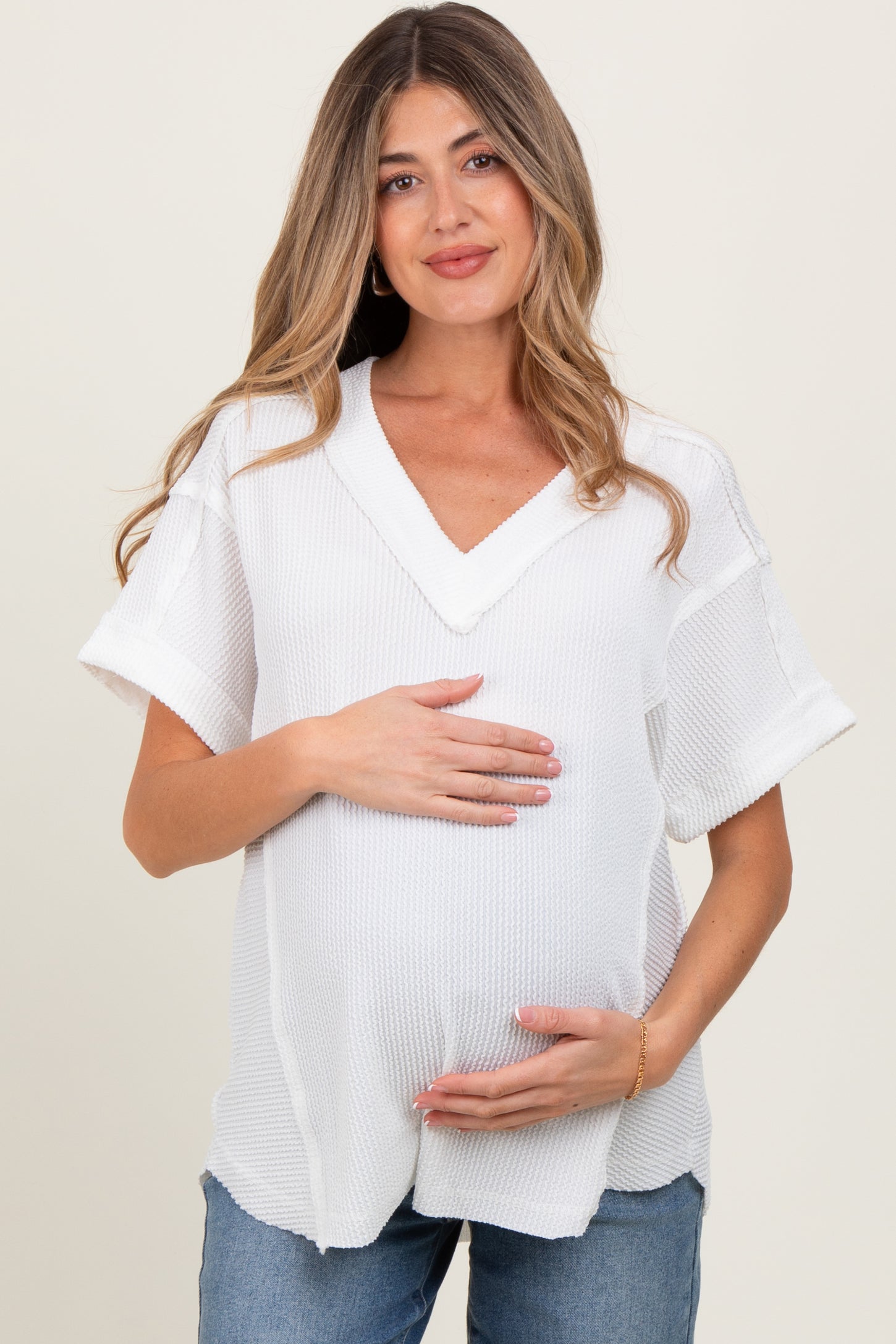 White Ribbed Raw Hem Maternity Short Sleeve Top