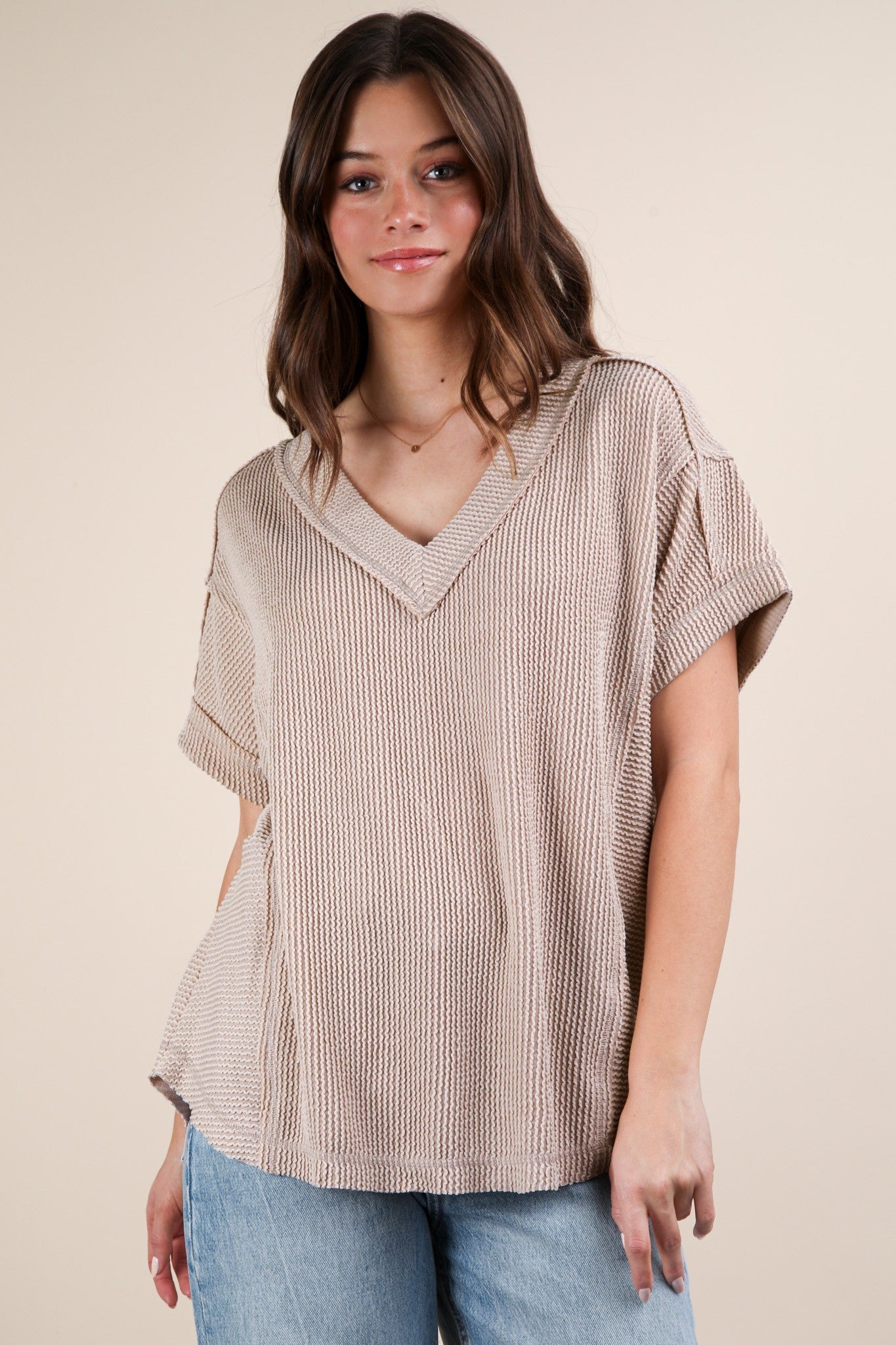 Beige Ribbed Raw Hem Short Sleeve Top