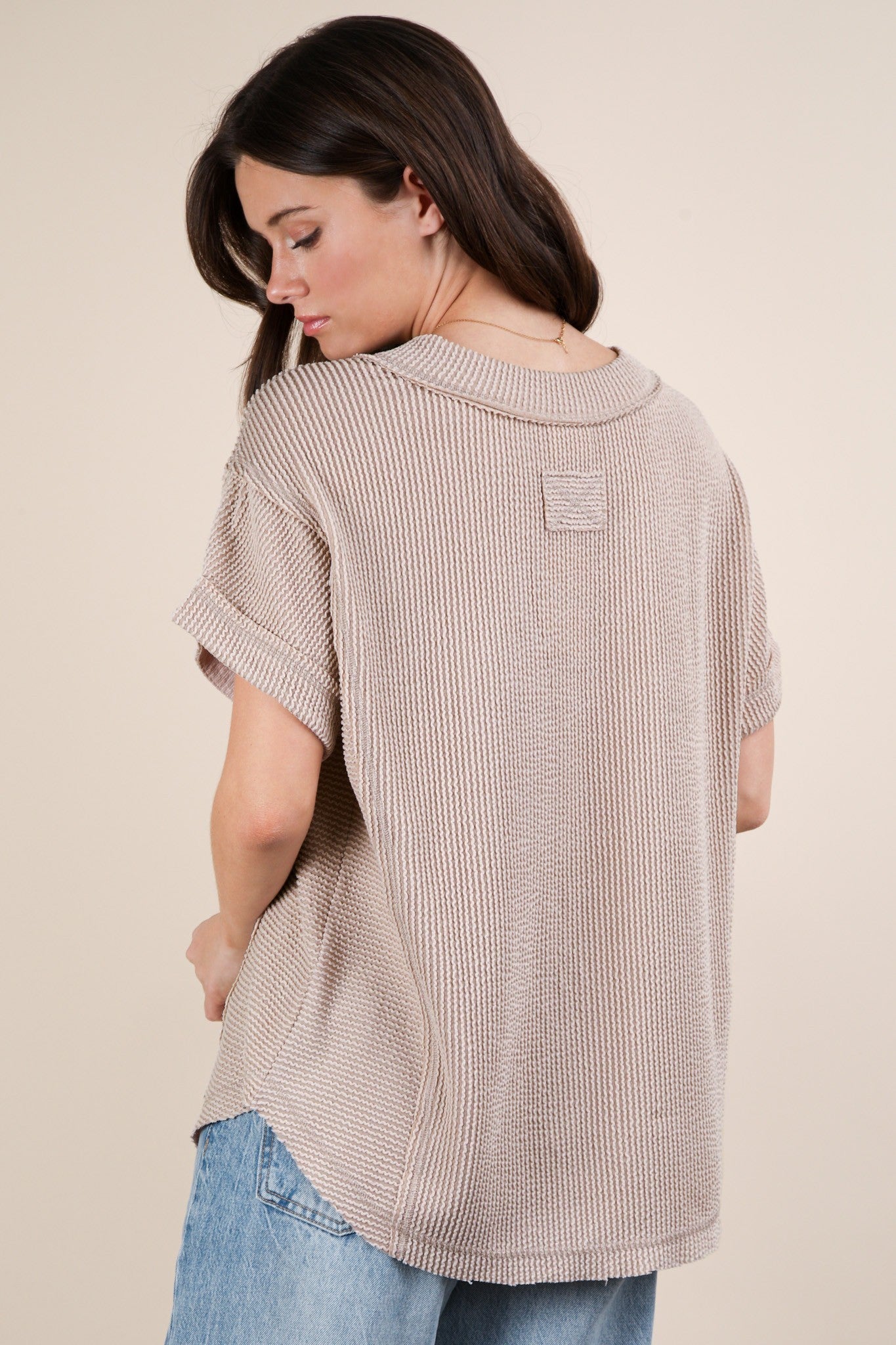 Beige Ribbed Raw Hem Short Sleeve Top