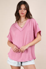 Pink Ribbed Raw Hem Short Sleeve Top