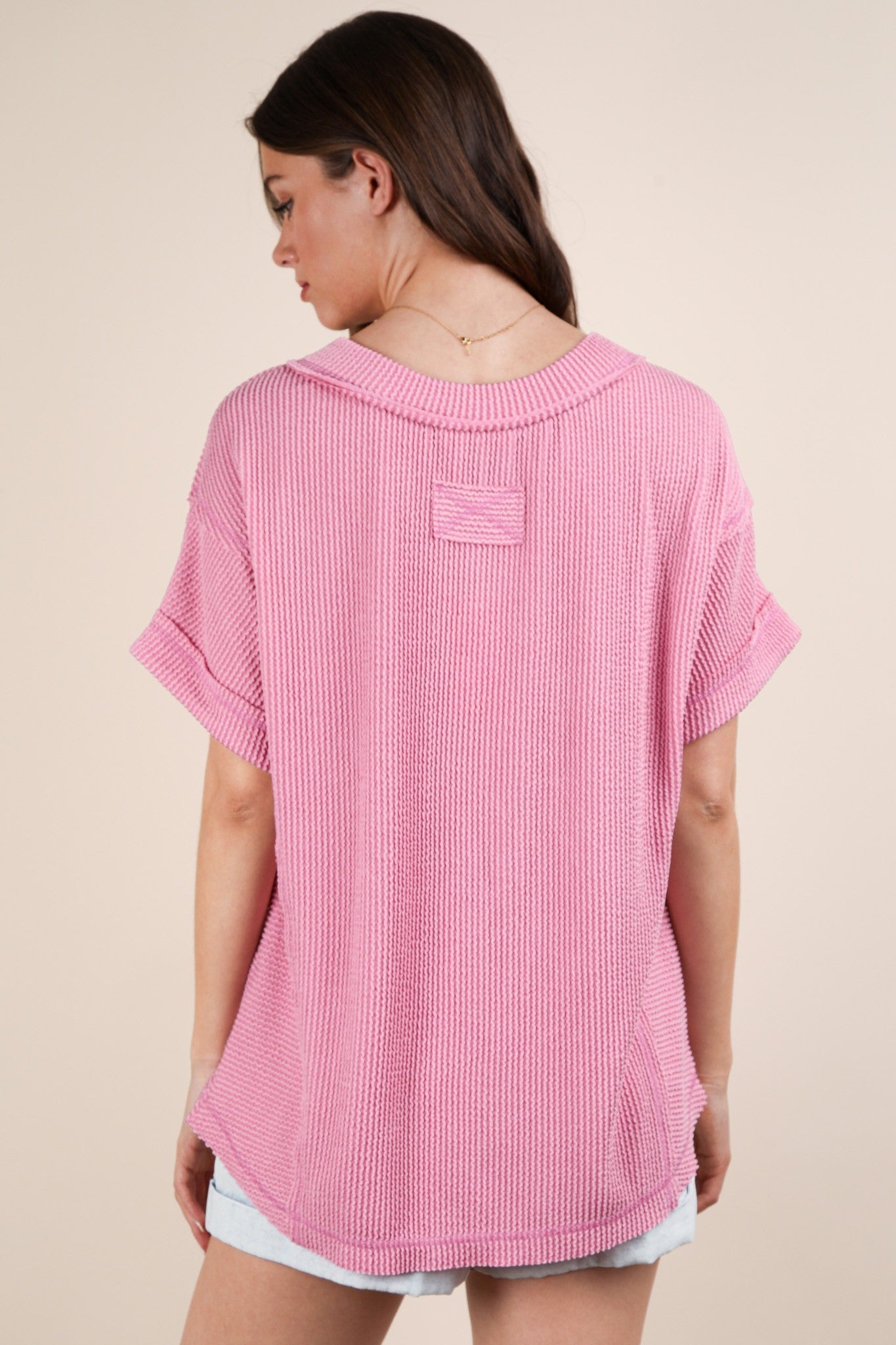 Pink Ribbed Raw Hem Short Sleeve Top